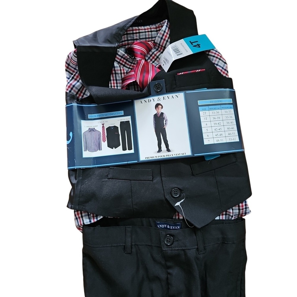 Andy & Evan Boys Formal 4-Piece Suit Vest,Tie,Shirt & Pants(BLACK,4T) NWT #443